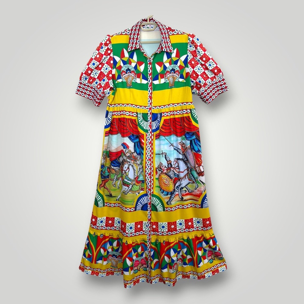 Swank A Posh Maxi Dress Womens 3XL Multicolor Jousting Knights Puff Sleeve